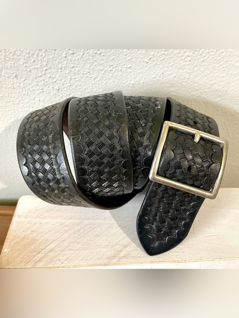 Tex Shoemaker & Sons Leather Basketweave Belt Duty Utility Western Black 46 USA